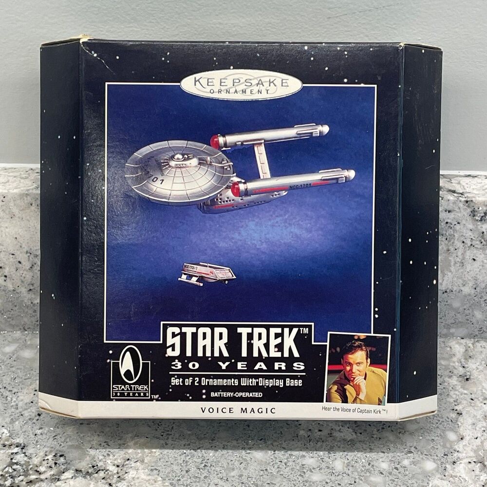 Star Trek 30 Years Vtg 3 pc Ornament Set Die Cast Metal USS Enterprise & Stand